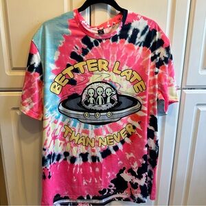SHEIN Pink Blue Black Tie-Dye 'Better Late Than Never' Graphic Tee